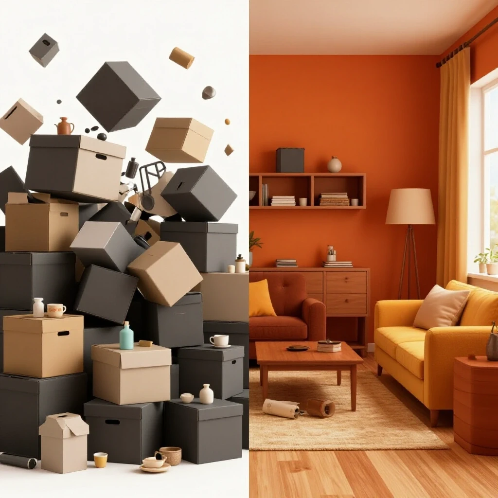 A side-by-side visual of a chaotic stack of moving boxes and a beautifully organized living room, illustrating unpacking success.
