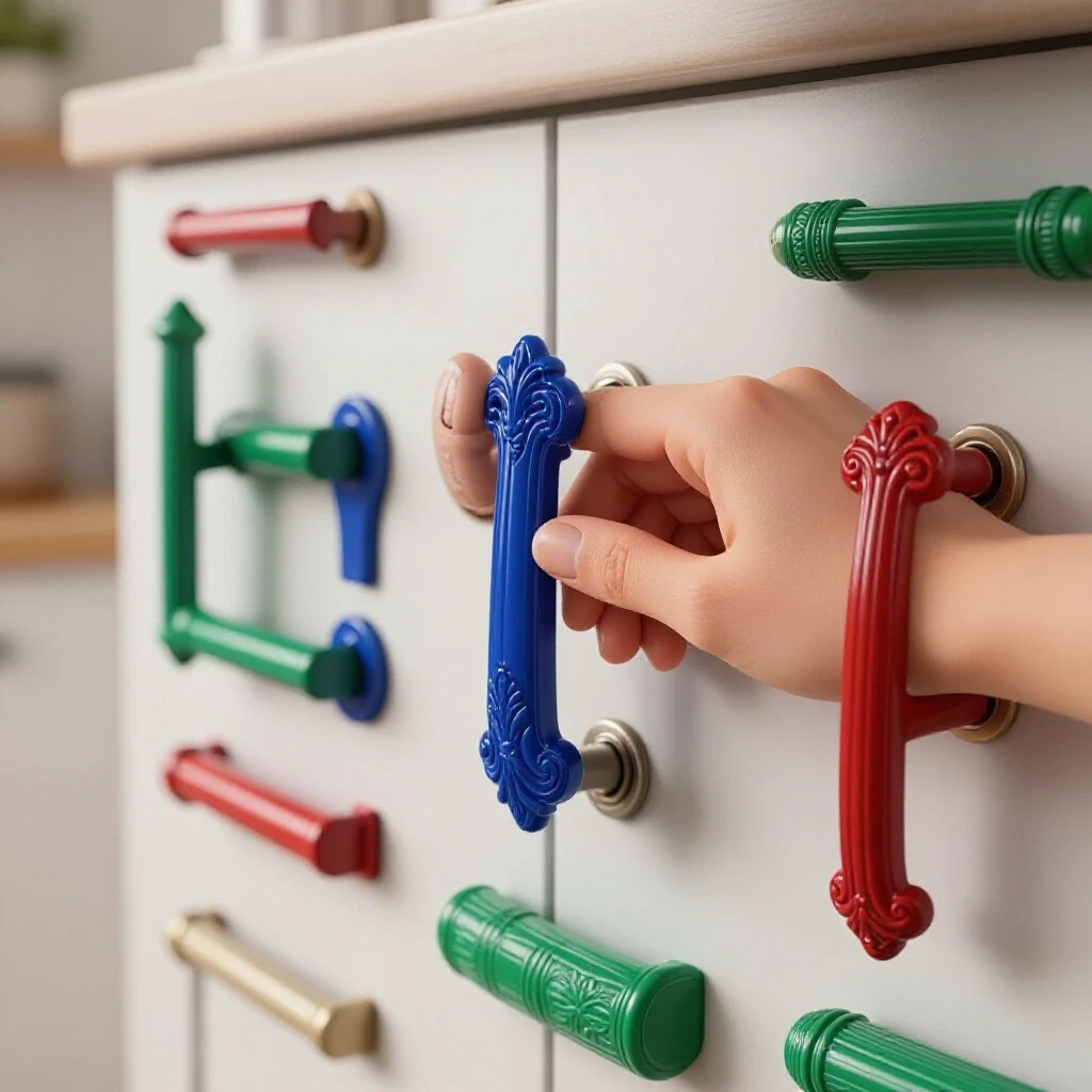 Close-up of a hand changing an ornate cabinet pull with various stylish options nearby in a blurred kitchen.