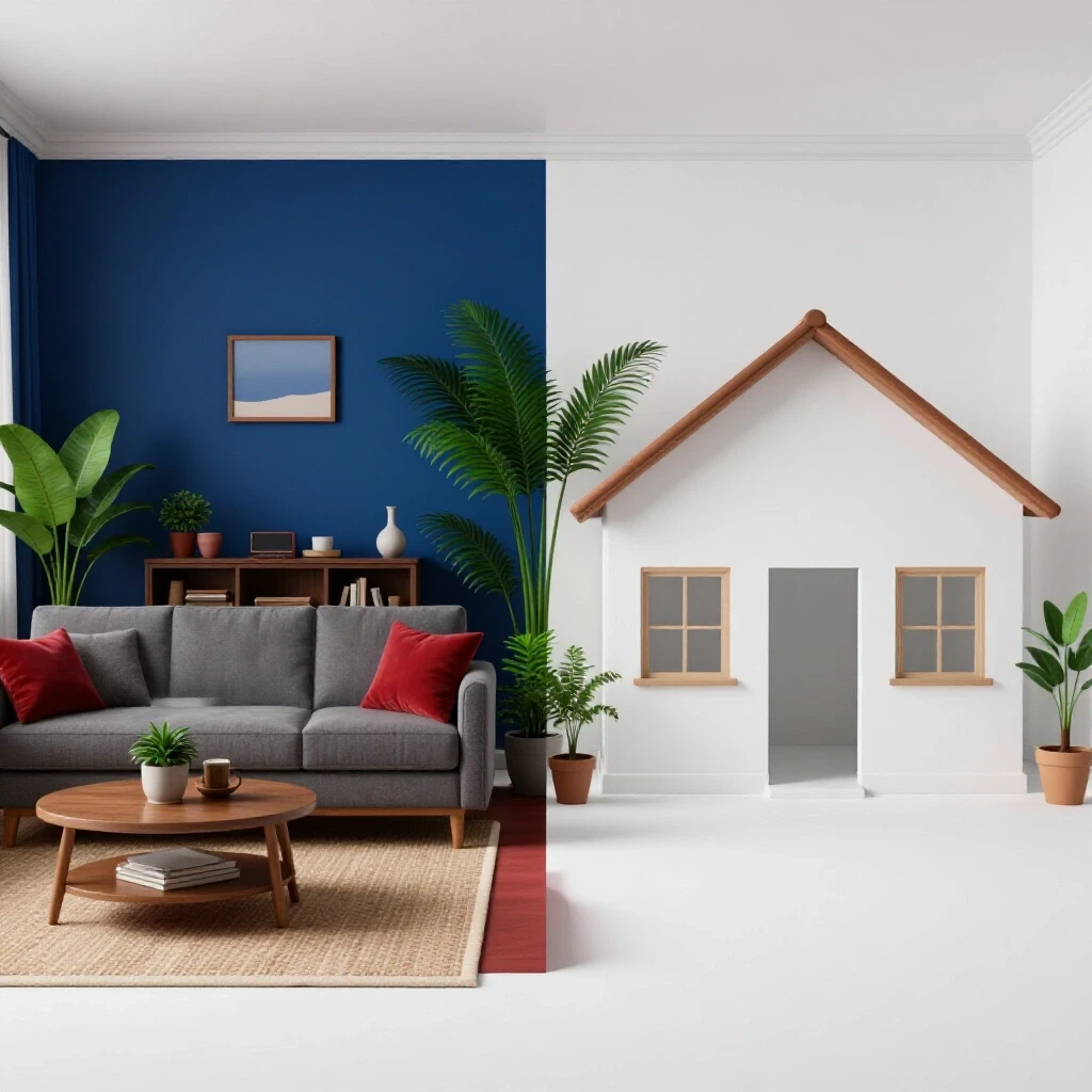 A visual representation of upgrading a starter home into a cozy living space, showing both decorated and empty areas.