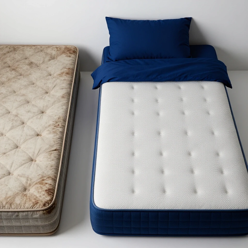 A cozy bedroom scene featuring a worn-out mattress contrasted with a plush, inviting upgraded mattress, emphasizing comfort.
