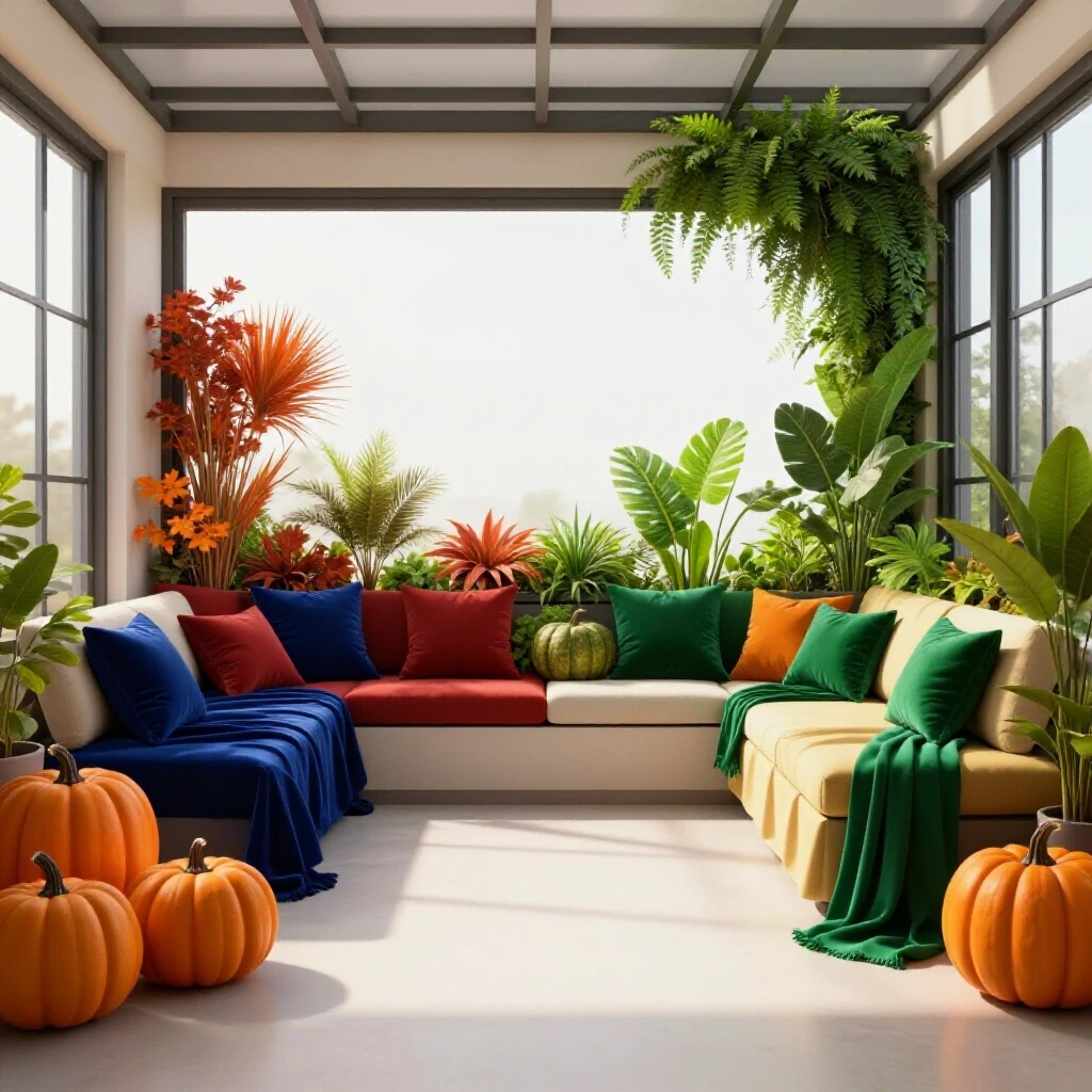 A vibrant sunroom split into autumn and summer decor showcasing seasonal transformation with rich colors and textures.