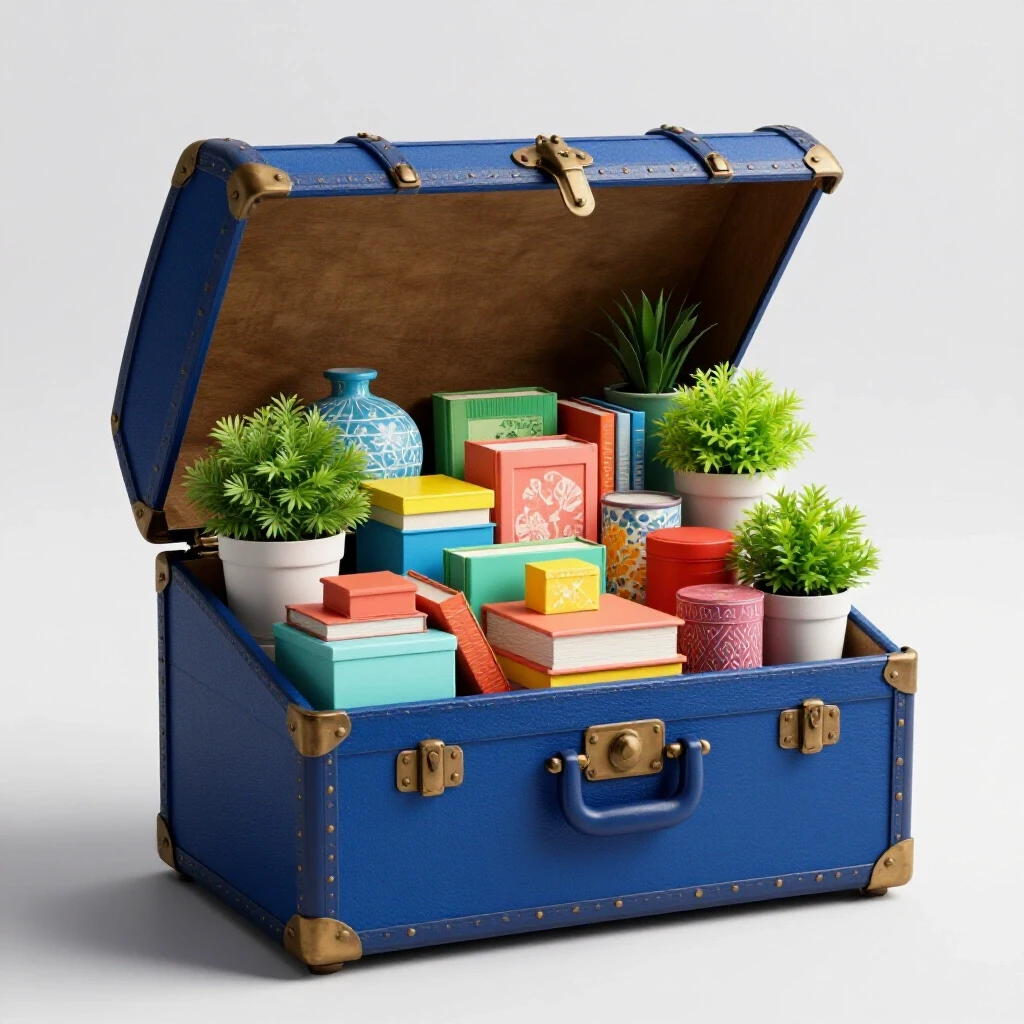A vibrant vintage trunk serving as a stylish storage solution, filled with colorful items, in a bright studio setting.