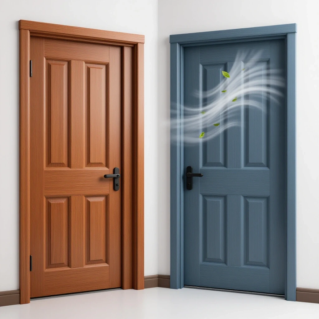 A comparison of a warm, weatherproofed basement door and a cold, drafty door, highlighting weatherproofing effectiveness.