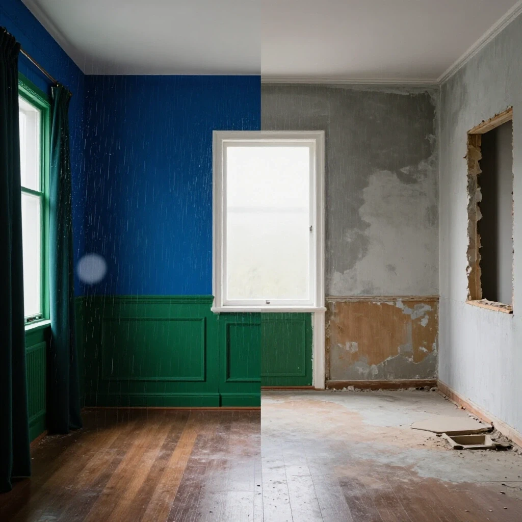 A split image showing a renovated room with vibrant colors contrasted against a weathered space impacted by weather delays.