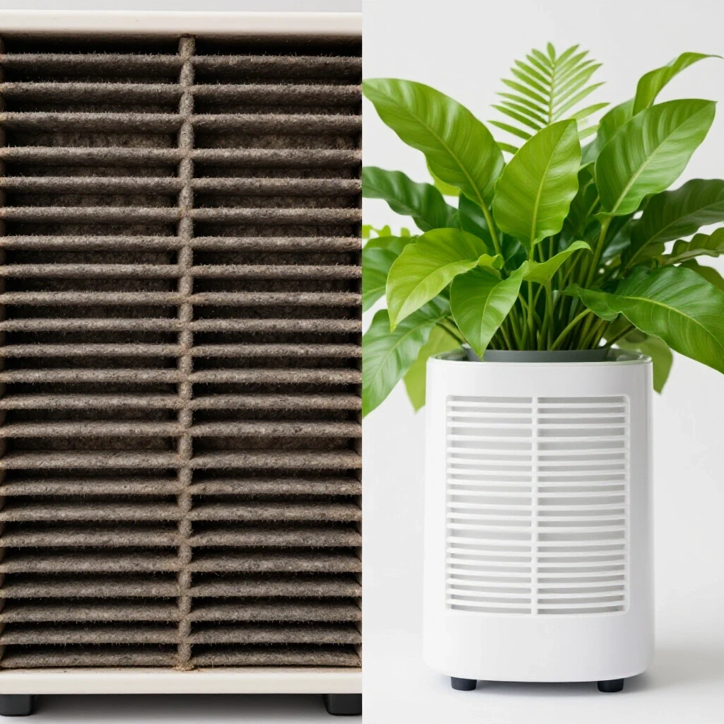 A split scene image showing a dirty humidifier filter on one side and a pristine filter surrounded by greenery on the other, highlighting maintenance importance.