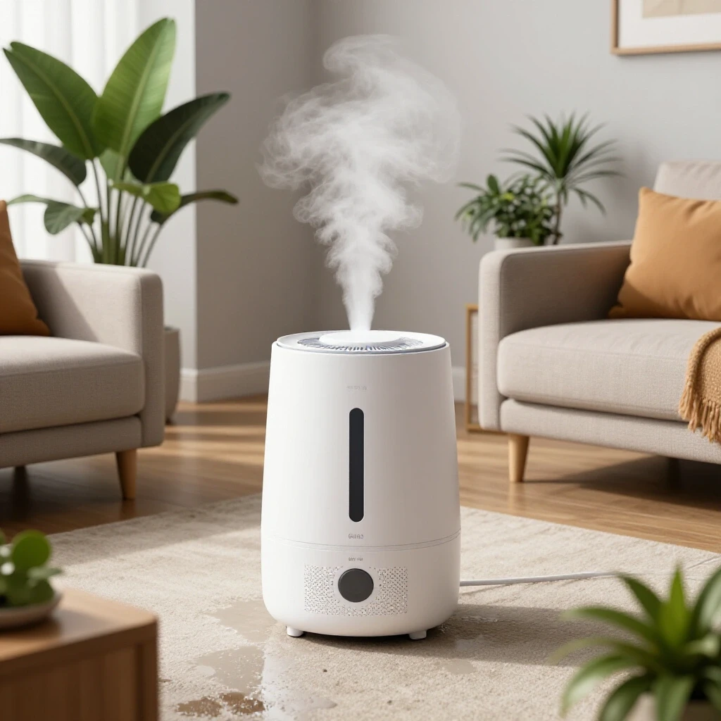 A cozy living room featuring a stylish humidifier, with water stains and overgrown plants, set against a bright background.