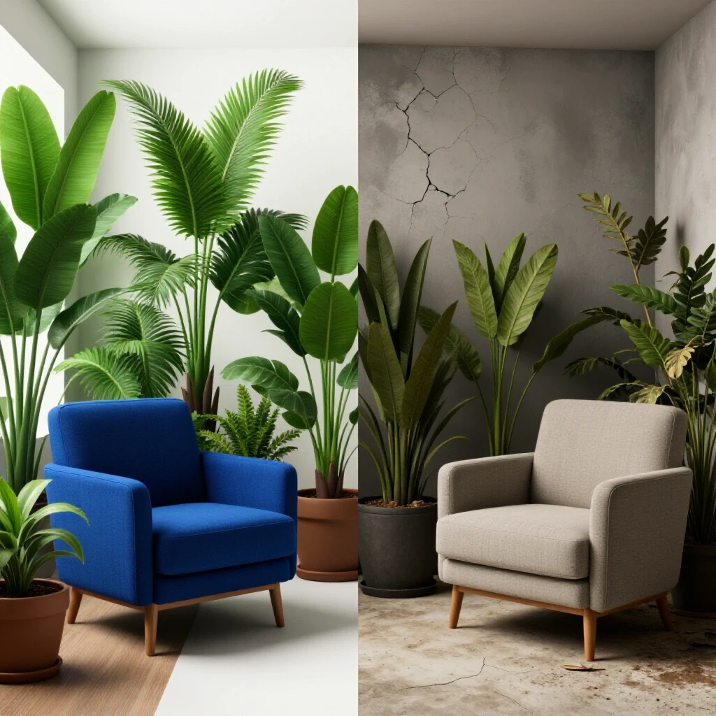A split view showcasing a humid, lush room versus a dry, dull room highlighting humidity control importance.