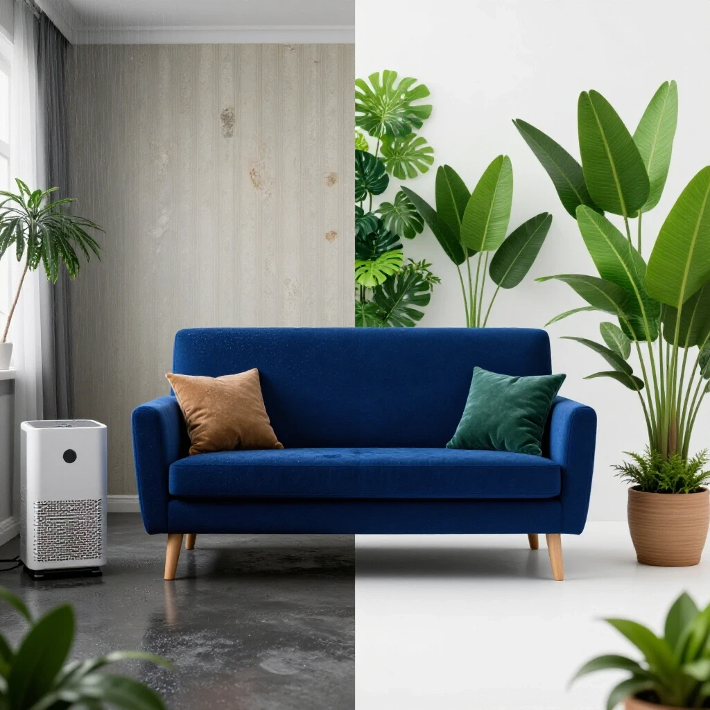 A split image of a renovated room showing humidity issues on one side and a vibrant, fresh space on the other emphasizing moisture control.