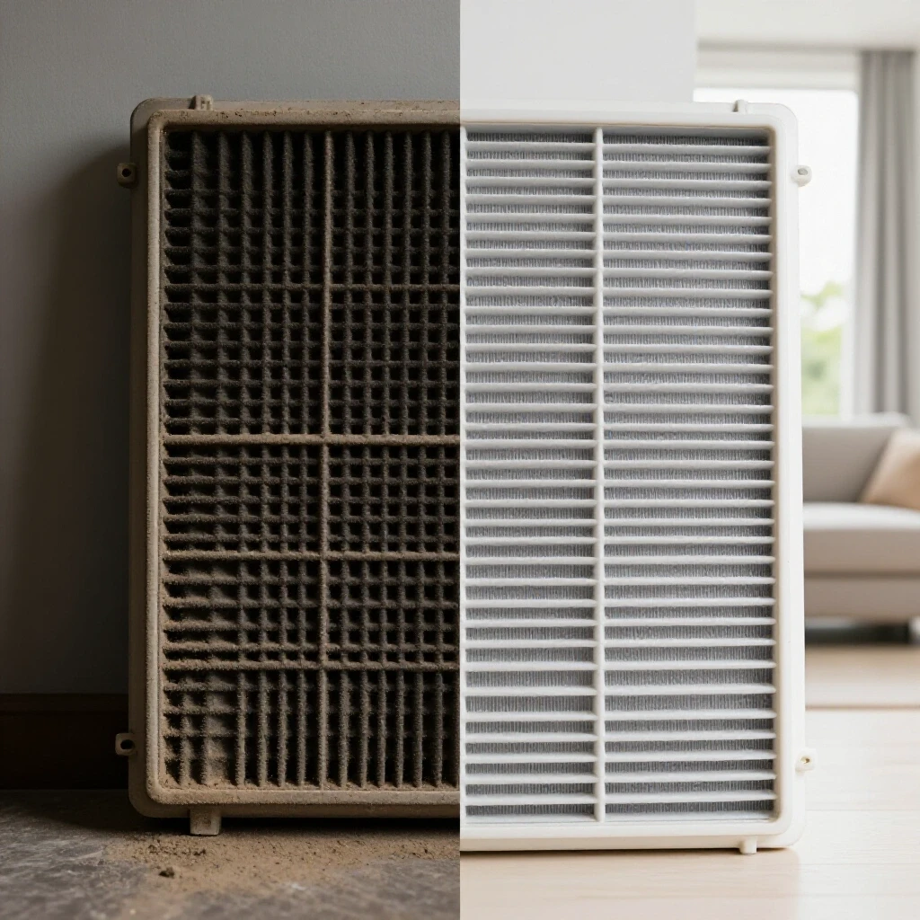 A comparison of a dusty HVAC filter in a dim setting and a clean filter in a bright modern home, highlighting air quality differences.