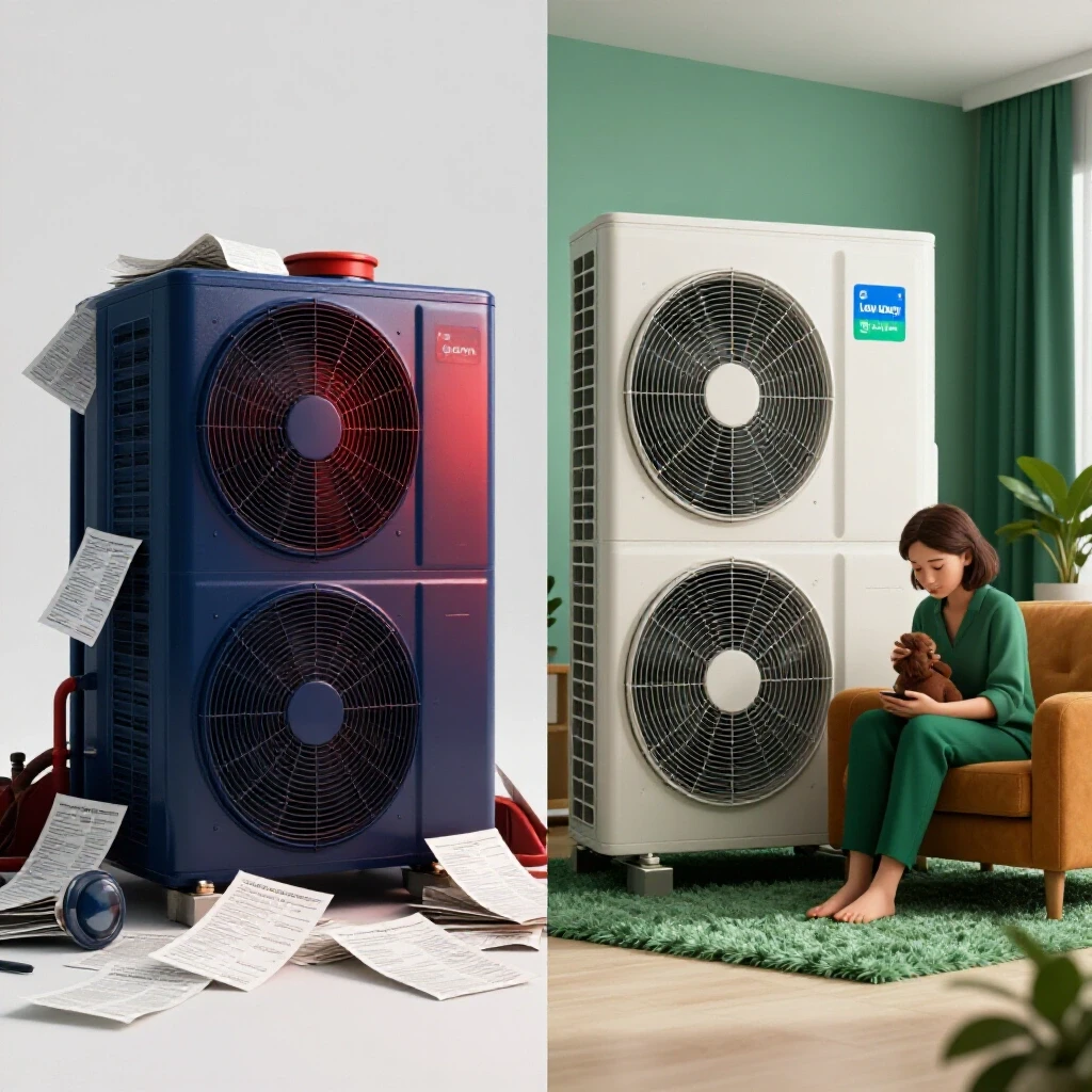 A comparative image showing an outdated HVAC system with overflowing bills on one side and a modern HVAC unit with a low energy bill on the other side.