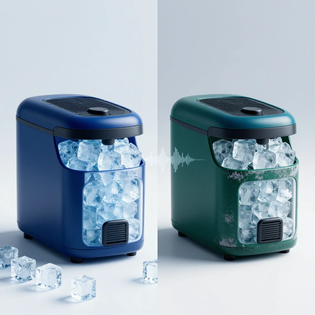 Sleek modern ice maker in pristine condition vs. slightly aged ice maker with frost and sound waves, showcasing maintenance contrast.