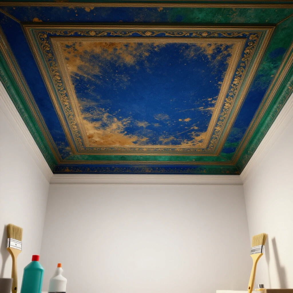 Before-and-after transformation of a ceiling, highlighting stains and restoration with paint supplies on a clean background.