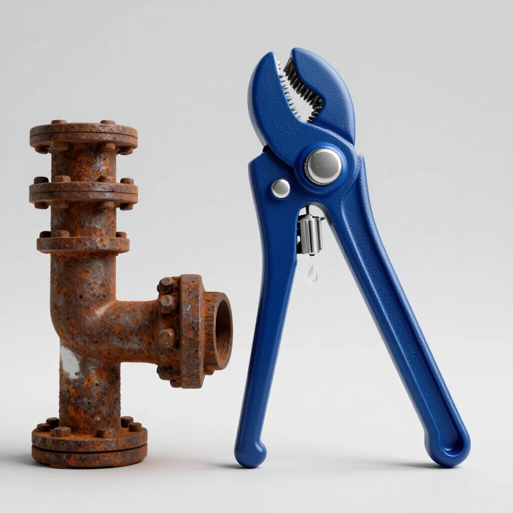 3D rendering of a rusty pipe next to a shiny plumbing tool, highlighting plumbing issue solutions.