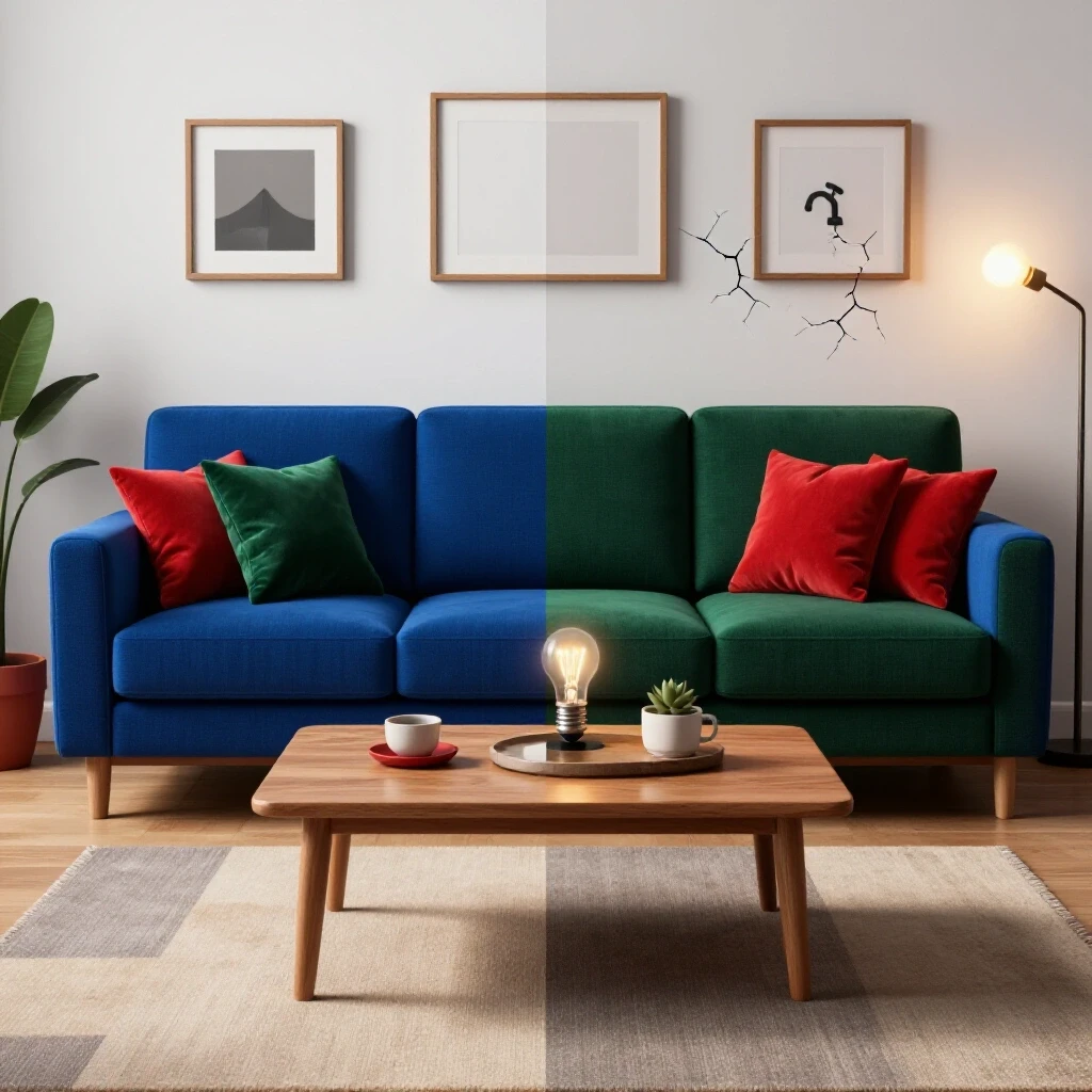 A split view of a cozy living room showing vibrant decor on one side and home repair symptoms on the other, highlighting issues.