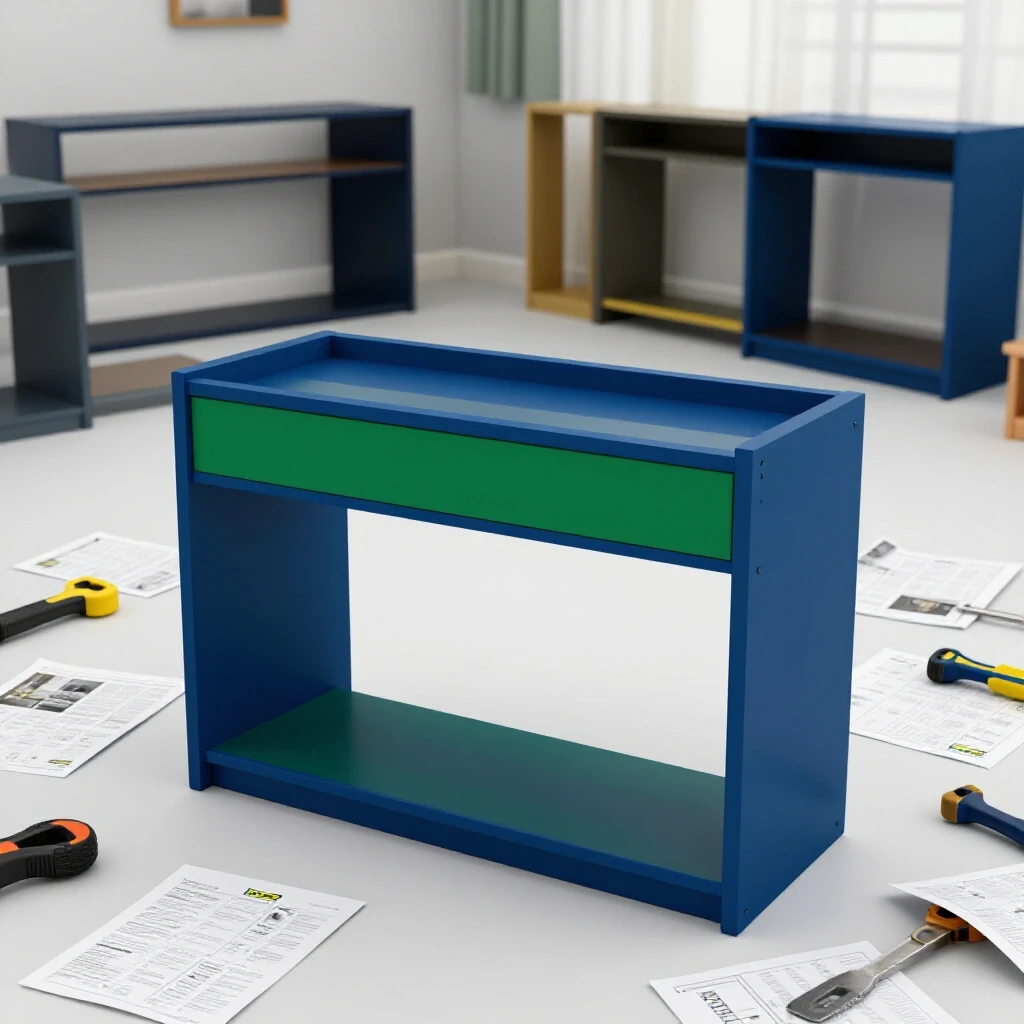 A partially assembled Ikea furniture piece surrounded by tools and instructions, with a stylish completed room in the background.