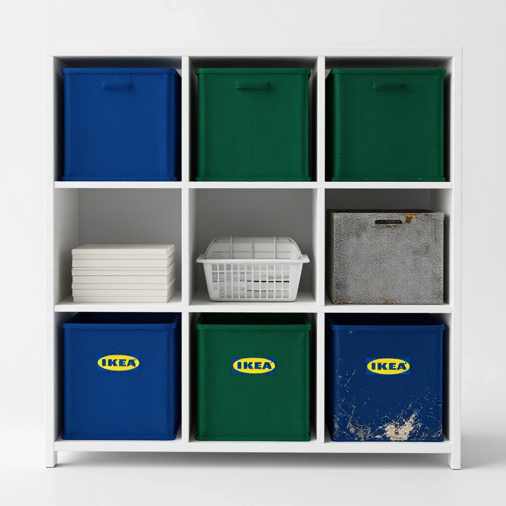 A beautifully arranged IKEA storage unit with one section organized neatly and another showing wear and tear, illustrating durability.