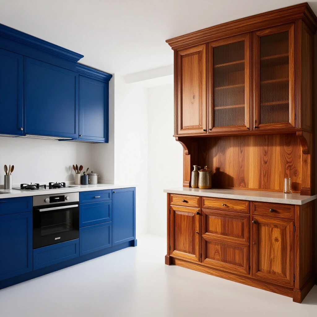 A split image featuring a modern IKEA kitchen on the left and a warm custom cabinet kitchen on the right, showcasing contrasting designs and colors.