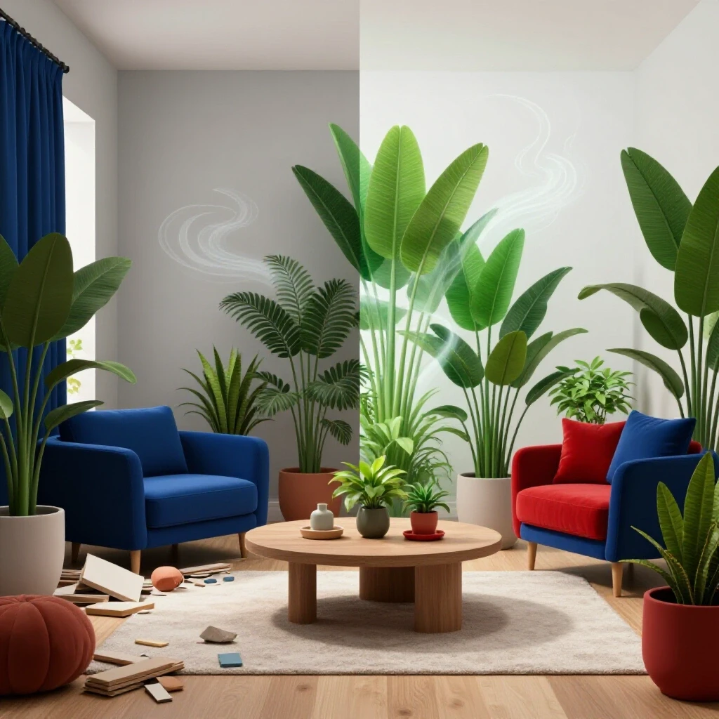 A serene room transformation depicting one half cluttered and muted, the other half vibrant with green plants and bright decor.