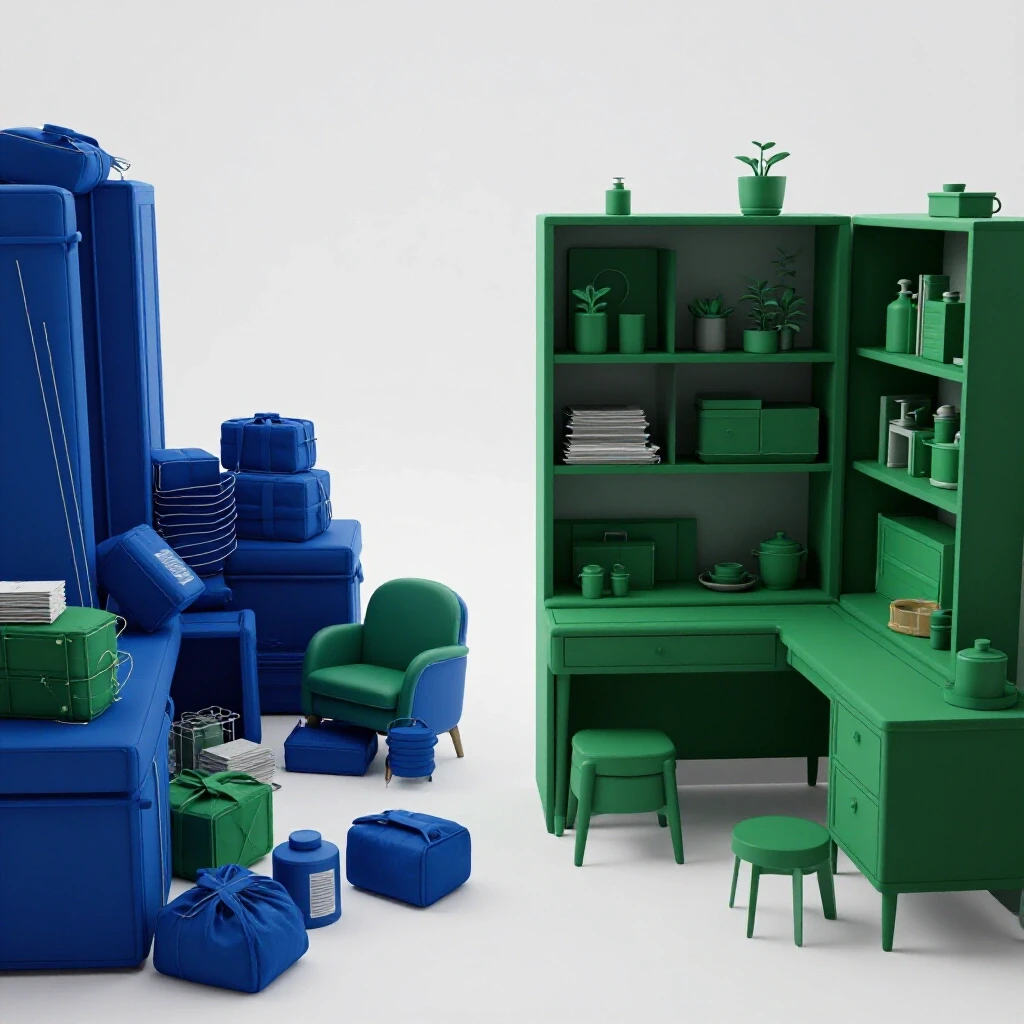 A contrasting scene showing a cluttered room beside a well-organized layout, emphasizing home traffic flow improvements.