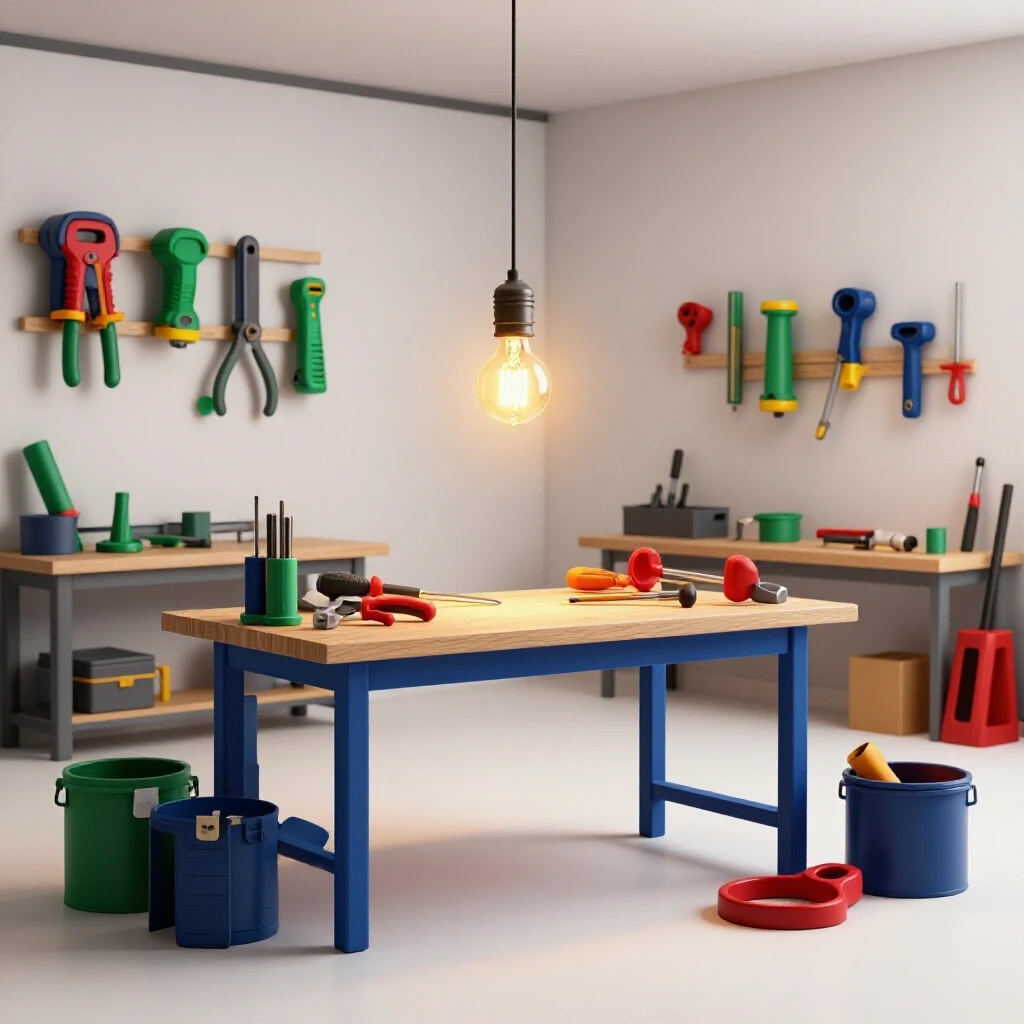 A bright DIY workshop showcasing vibrant tools and materials with a warm golden lightbulb illuminating a crafting project.