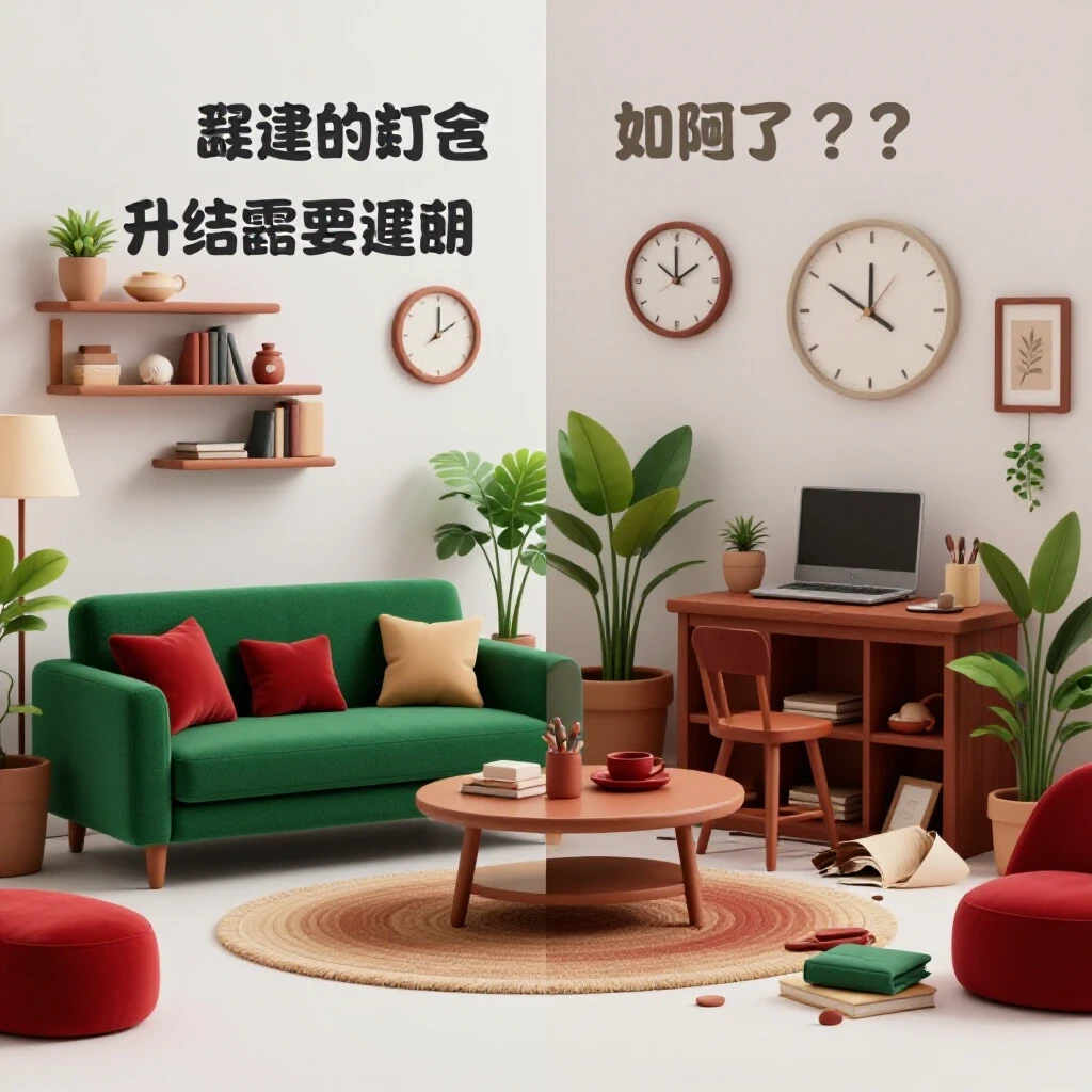 An inviting split scene of a cozy, well-decorated living room contrasting with a cluttered space, showing transformation potential