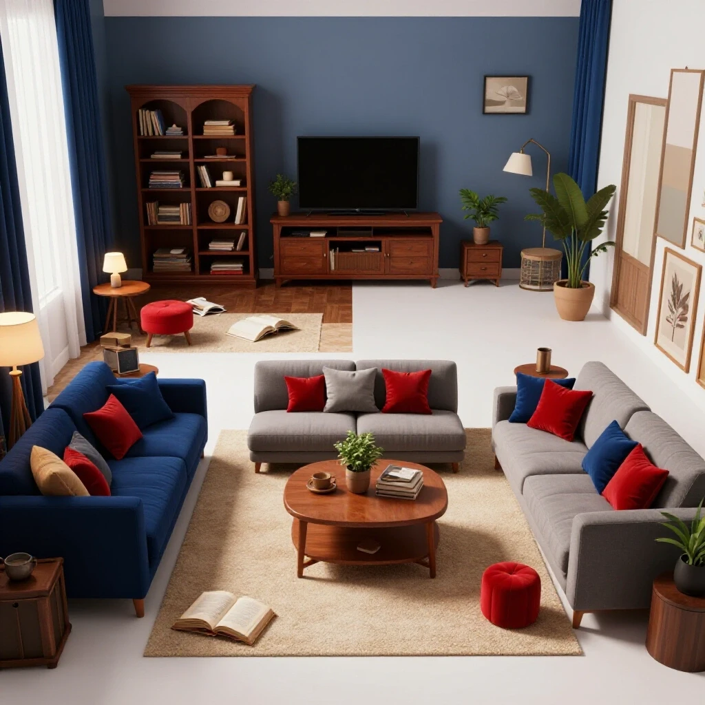 A cozy family room split into a cluttered side and an inviting, well-organized side, demonstrating layout tips.