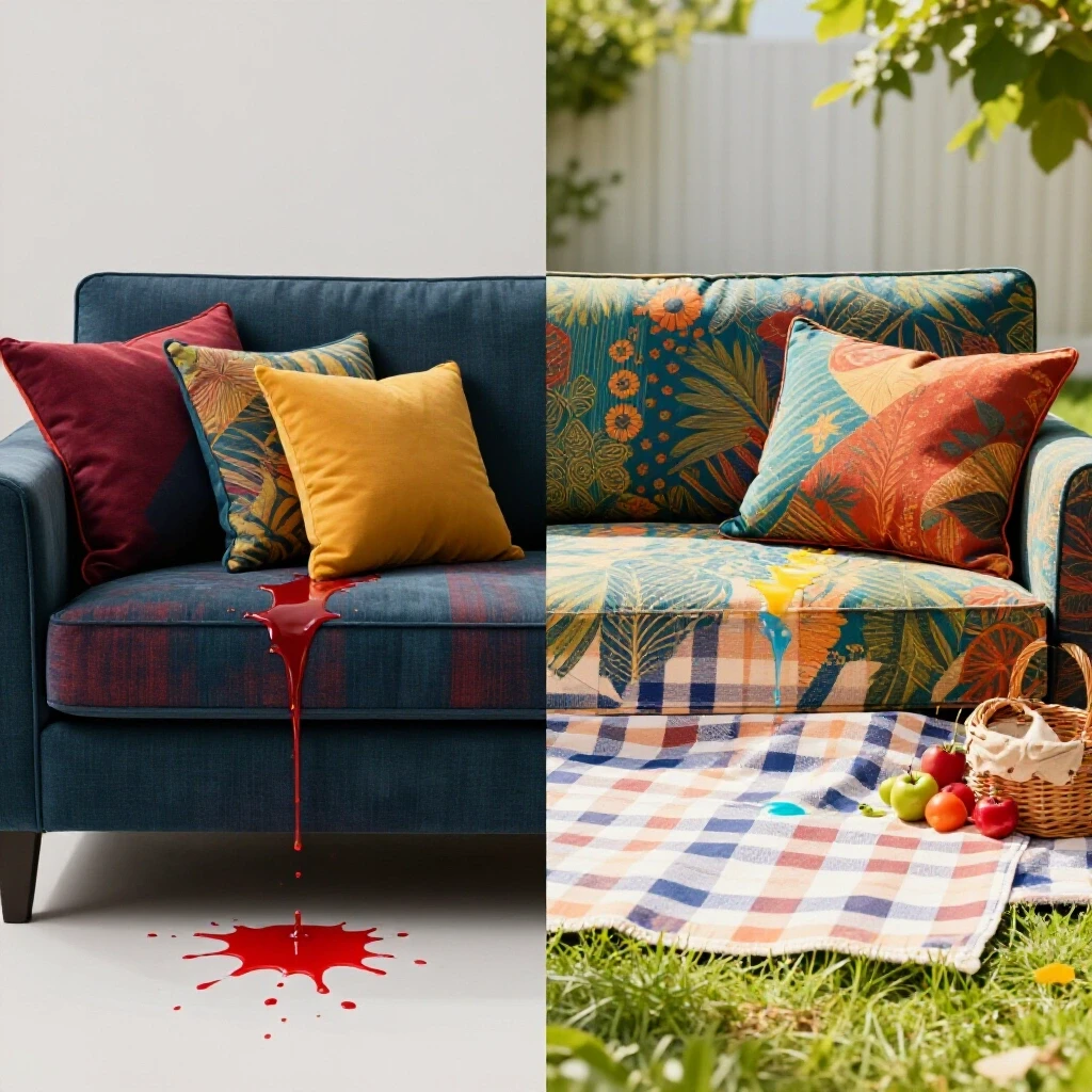 Vibrant indoor and outdoor fabric settings showcasing spill resistance with colorful liquids splashing on fabric.