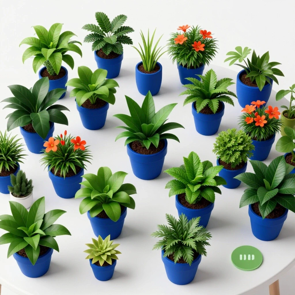 A vibrant collection of indoor plants displayed on a stylish table with a bright background and subtle cost breakdown overlay.