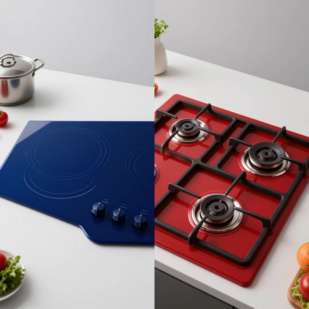A split image showcasing a modern induction cooktop in royal blue and a classic gas cooktop in crimson red, highlighting their differences.