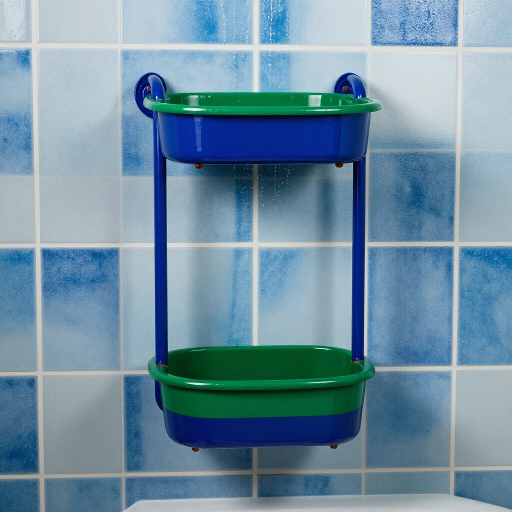 A shiny shower caddy against colorful, water-splashed tiles, emphasizing a modern design for a rust-free installation.
