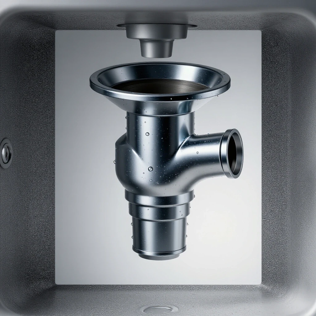 Close-up view of a shiny P-trap with water droplets, set in a bright studio environment adjacent to a partially disassembled sink.