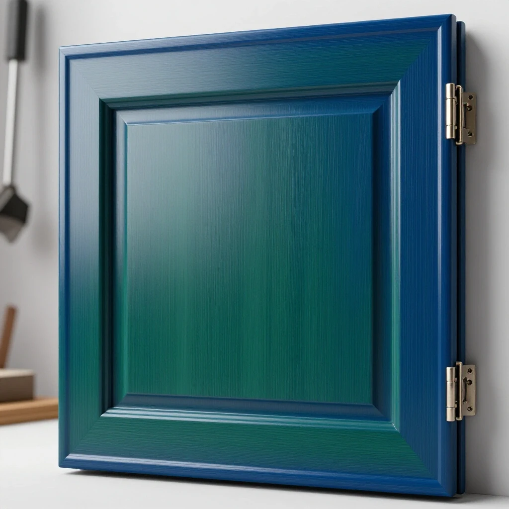 A close-up of a rich emerald green cabinet door gently closing, with tools and hinges blurred in the background.