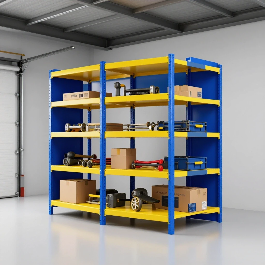 A vibrant garage shelving unit under construction with tools organized, featuring deep blue walls and yellow shelving.