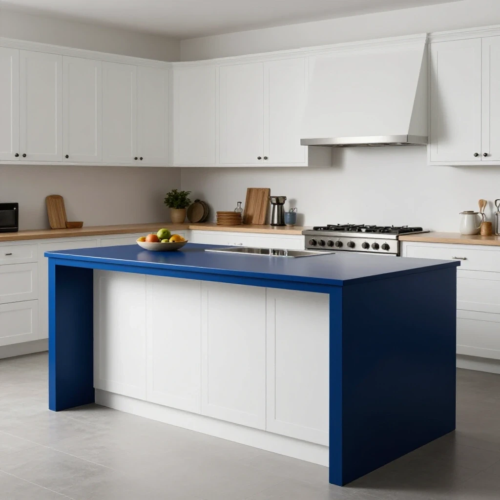 Spacious kitchen with a stylish island at center, featuring glossy deep blue surface against bright white cabinetry.