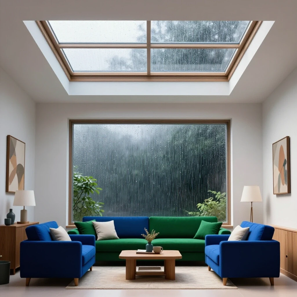 A bright room showcasing a vibrant skylight, contrasting with a rainy outdoor scene with droplets on the window.