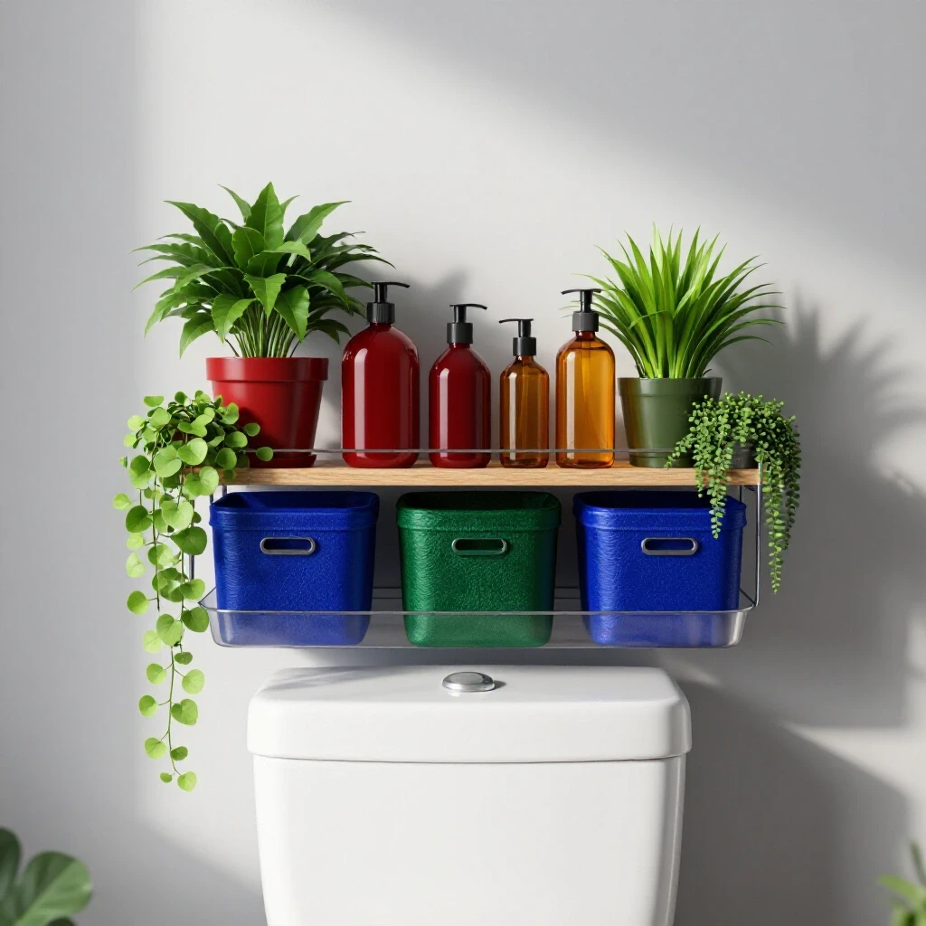 Stylish bathroom scene featuring a shelf above the toilet with plants and decorative bins in vibrant colors.