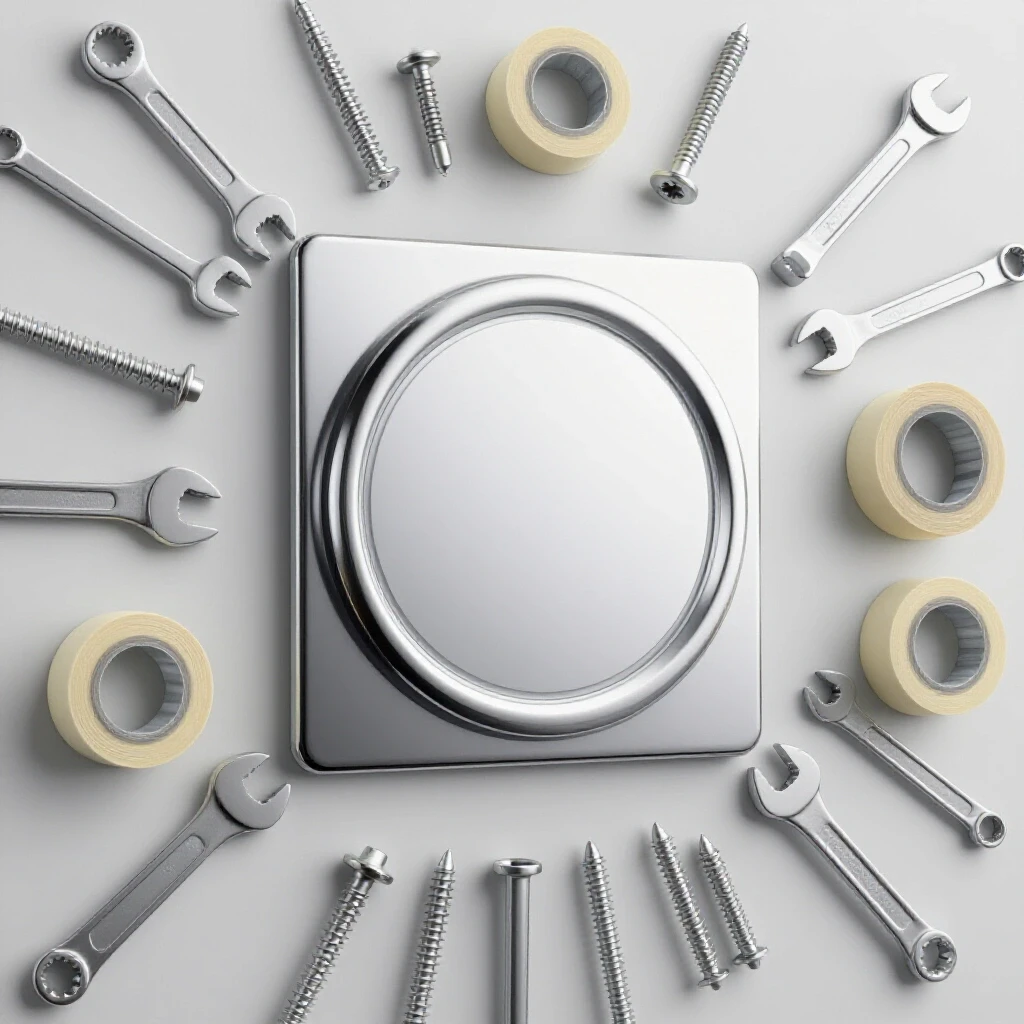 A shiny shower escutcheon plate surrounded by tools representing a shower installation process.