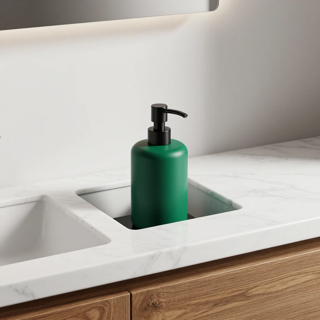 A stylish emerald green soap dispenser partially installed in a white marble and rustic wood countertop, highlighting elegance.