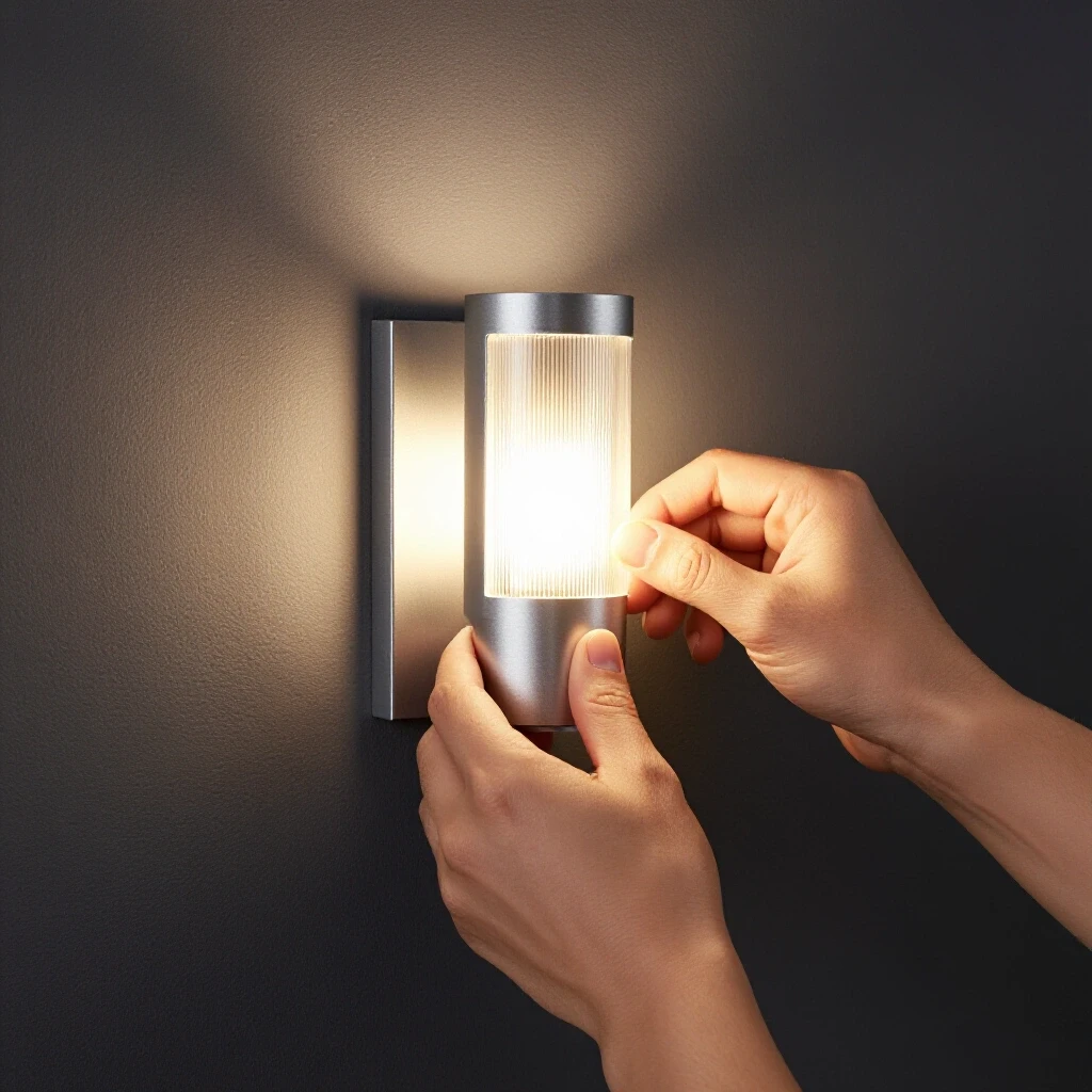 A close-up of a hand installing a wall sconce, with a glowing light illuminating a dark background.