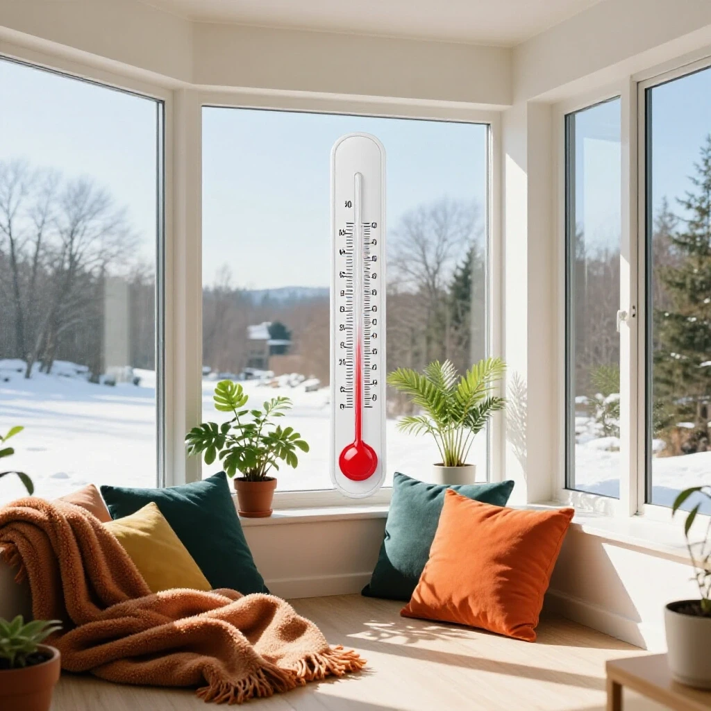A sunroom scene contrasting warm interior textiles and plants with a cold outside landscape, featuring a thermometer showing a temperature difference.