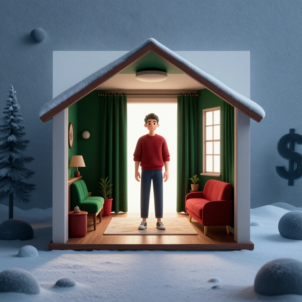 A split-image visual contrasting a cozy warm interior with a cold stark exterior, highlighting insulation benefits.