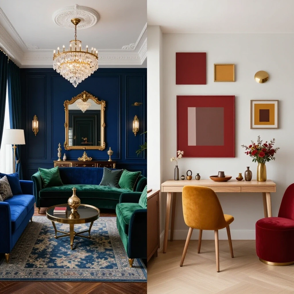 A striking split-screen image showcasing a luxurious interior design versus a creatively decorated DIY space, highlighting cost-saving strategies.