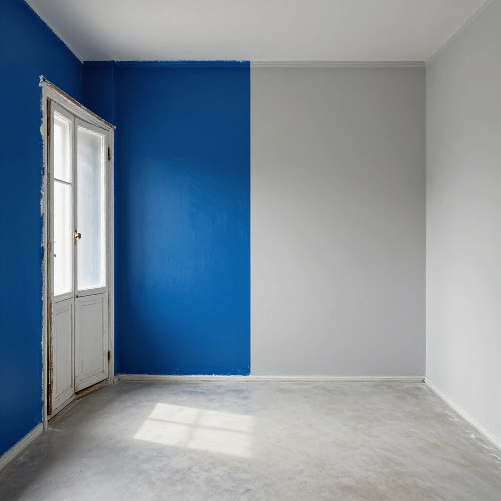 A split-image of a vibrant blue painted room contrasting with a dull unpainted space, illustrating paint color change benefits.