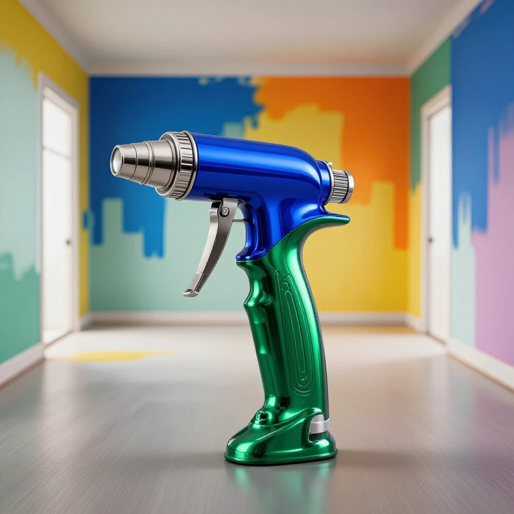 A high-end paint sprayer displayed prominently against a vibrant backdrop of a freshly painted room, emphasizing its impact on renovations.