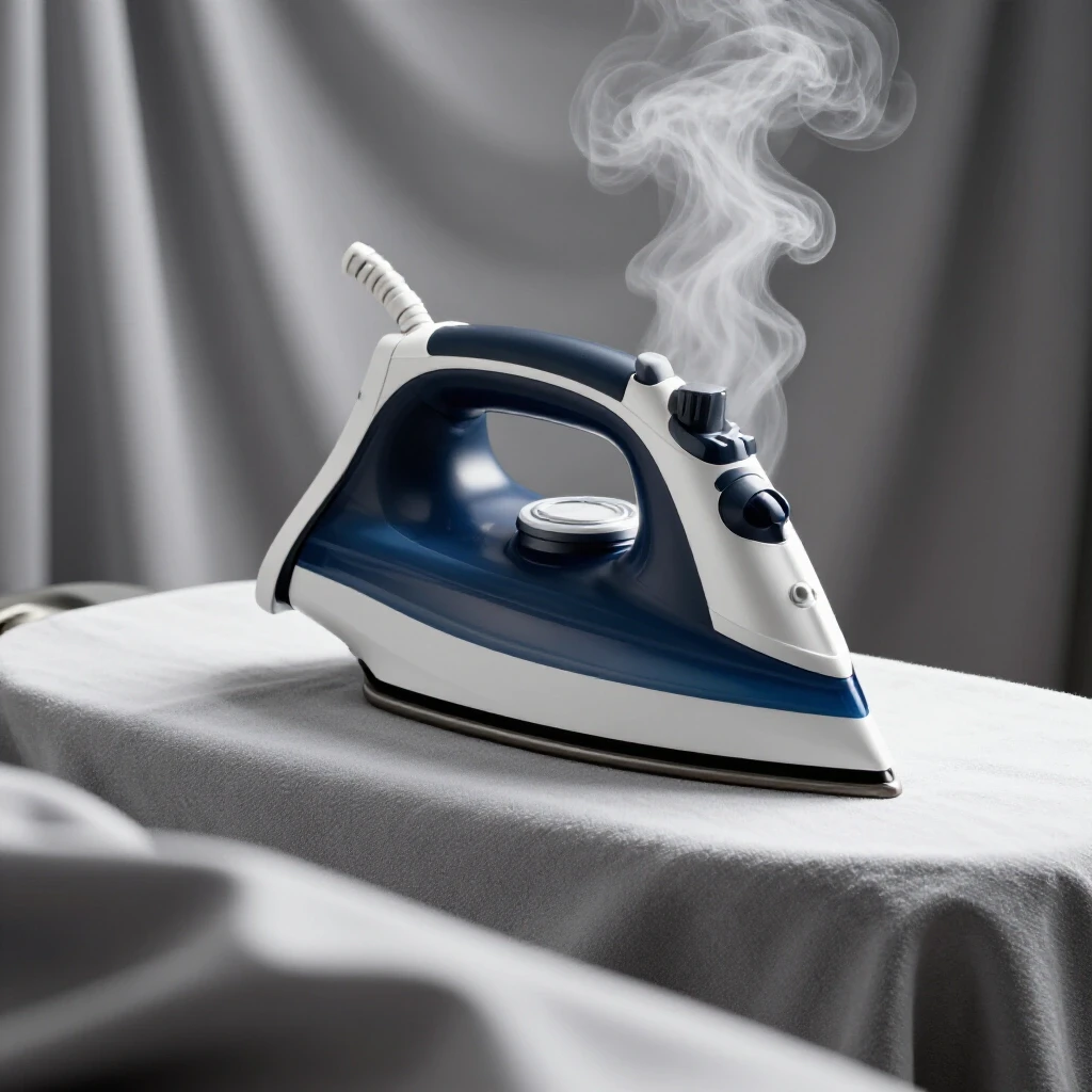 A modern iron emitting steam over wrinkled fabric, showcasing its effective performance and build quality.