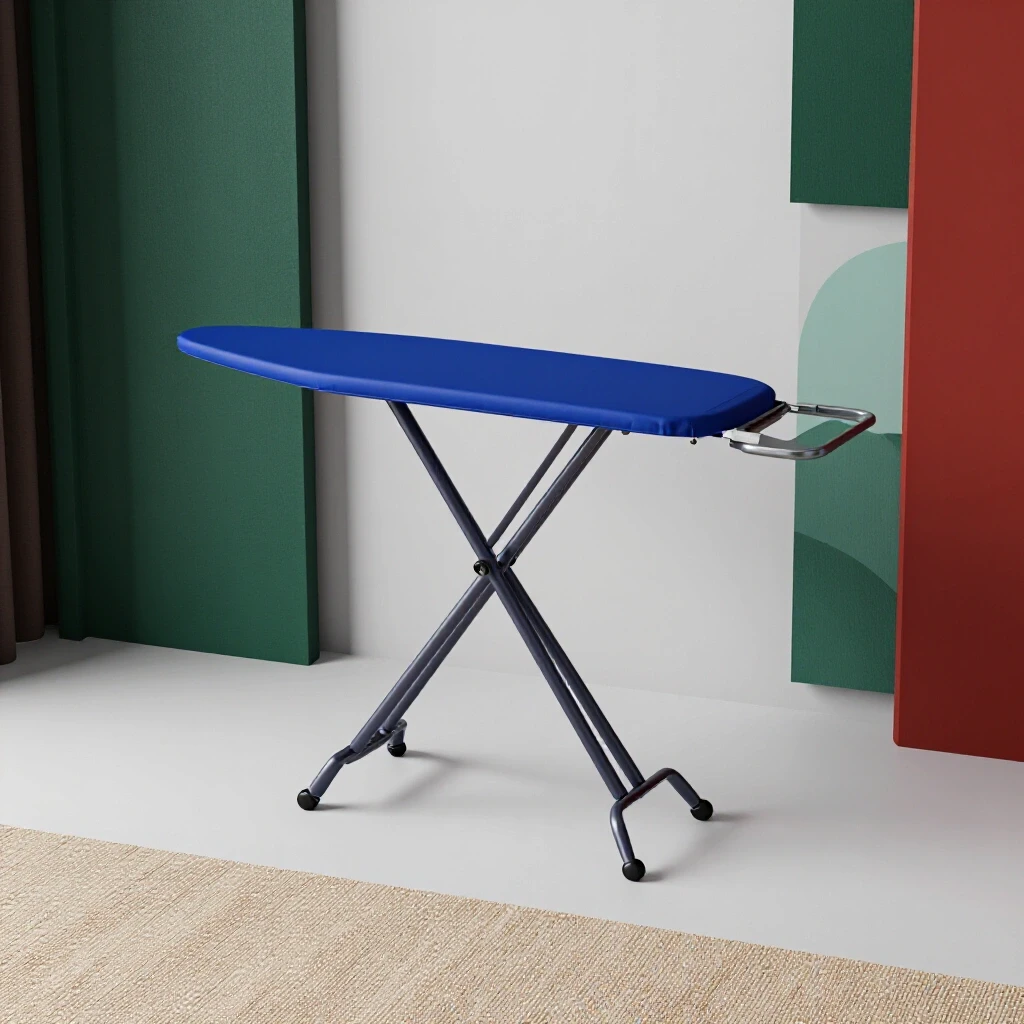 Stylish compact ironing station in a minimalist room, showcasing vibrant colors and functional storage.
