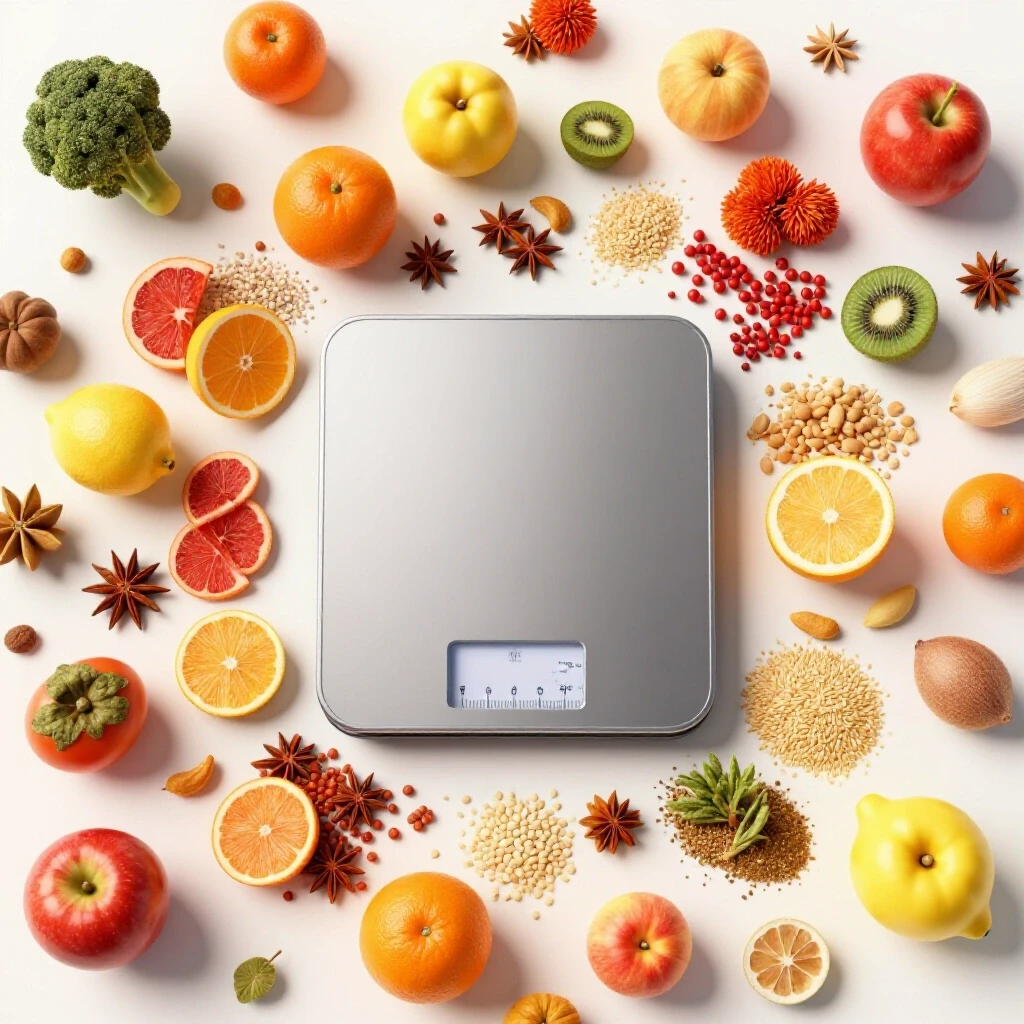 A sleek kitchen scale surrounded by colorful fruits, spices, and grains, emphasizing cooking precision.