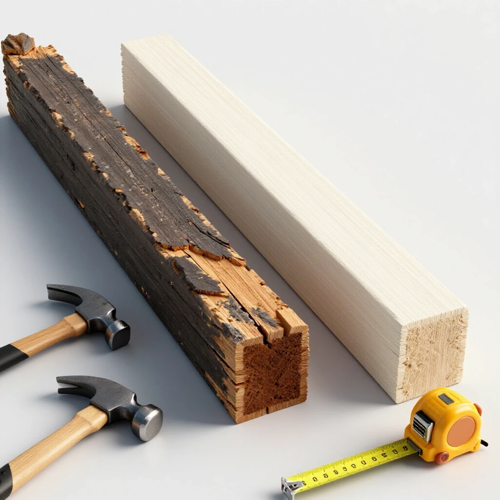 A damaged joist beside a newly repaired one, highlighting the repair process with tools in the foreground.