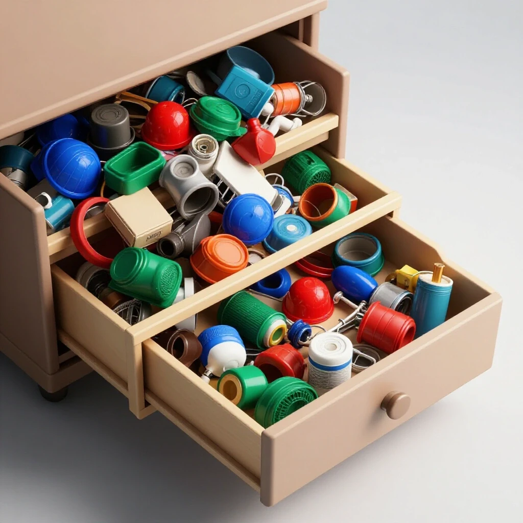A 3D-rendered image showing a junk drawer split between chaos and neat organization, showcasing a tidy transformation.