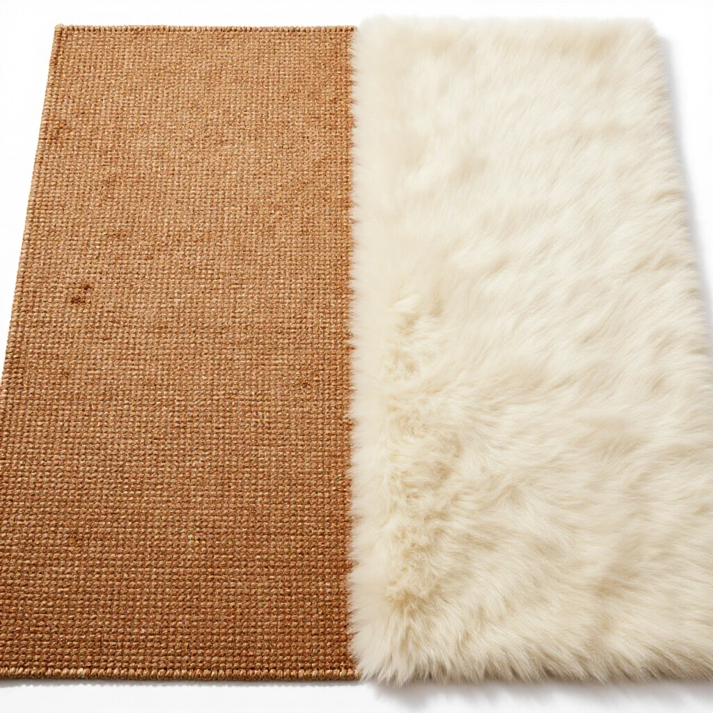 Split-screen image showing a jute rug with subtle dirt and a plush wool rug, highlighting cleaning challenges and maintenance differences.